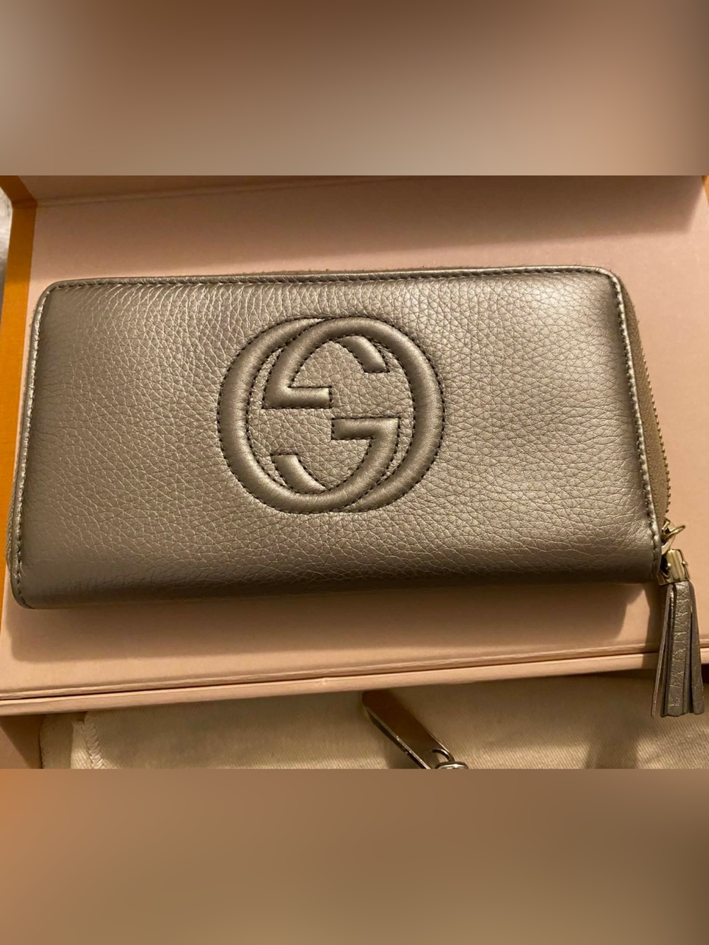 Authentic Gucci Metallic Taupe Leather Zip Wallet with Tassel Zip Pull